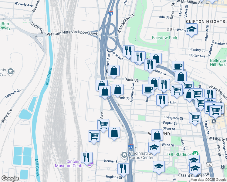 map of restaurants, bars, coffee shops, grocery stores, and more near 1123 Dayton Street in Cincinnati