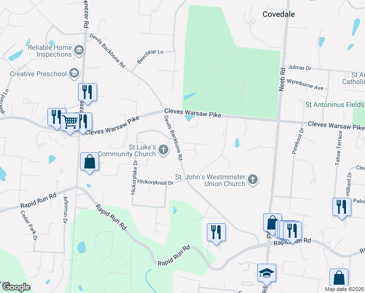 map of restaurants, bars, coffee shops, grocery stores, and more near 1222 Devils Backbone Road in Cincinnati