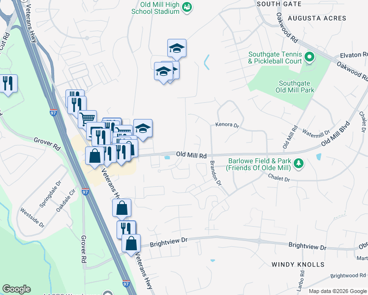 map of restaurants, bars, coffee shops, grocery stores, and more near 610 Patriot Lane in Millersville