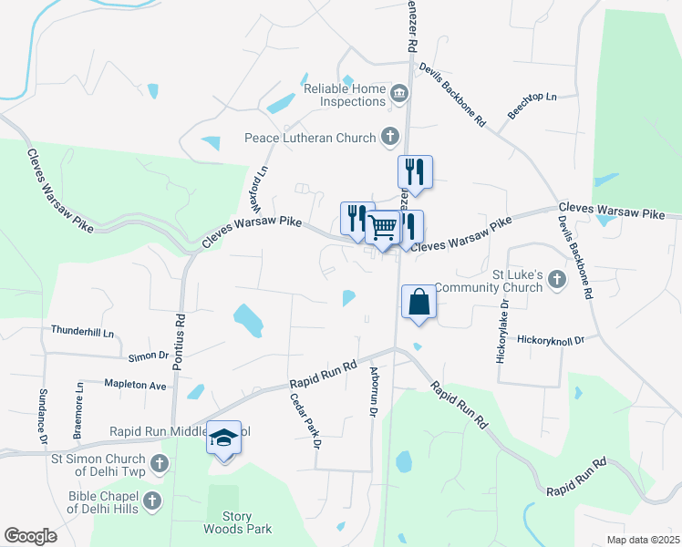 map of restaurants, bars, coffee shops, grocery stores, and more near 6210 Cleves Warsaw Pike in Cincinnati