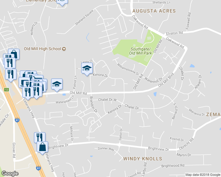 map of restaurants, bars, coffee shops, grocery stores, and more near 8233 Sherbrooke Court in Millersville