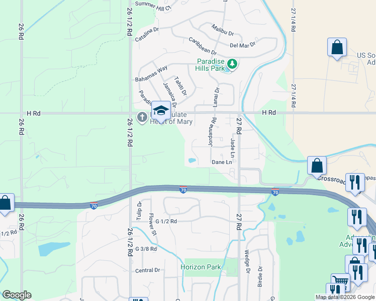 map of restaurants, bars, coffee shops, grocery stores, and more near 781 South Sedona Court in Grand Junction