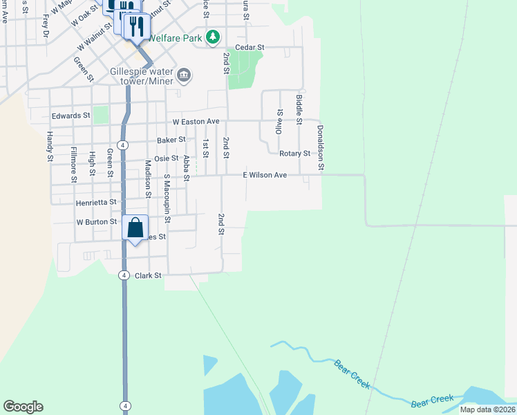 map of restaurants, bars, coffee shops, grocery stores, and more near 1101 3rd Street in Gillespie
