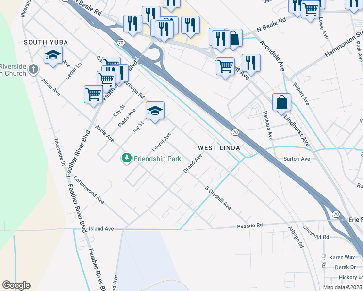 map of restaurants, bars, coffee shops, grocery stores, and more near 5663 N Gledhill Ave in Olivehurst