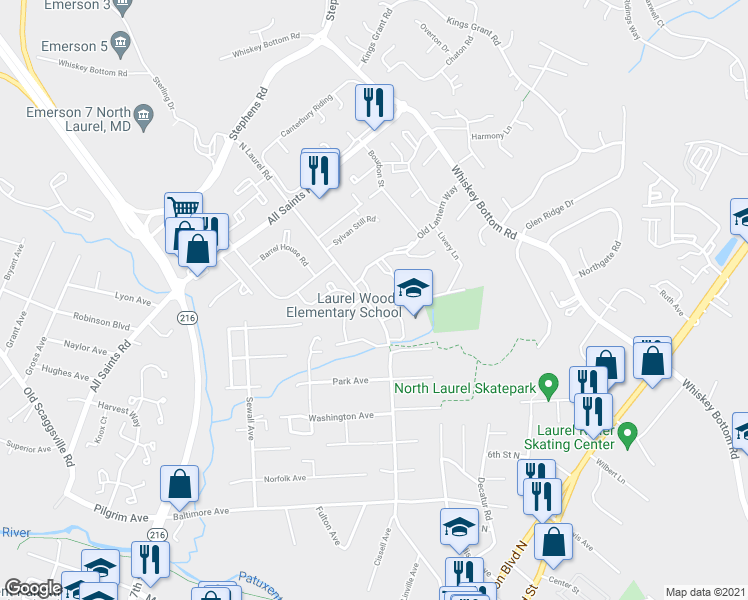 map of restaurants, bars, coffee shops, grocery stores, and more near 9225 Brandy Lane in Laurel