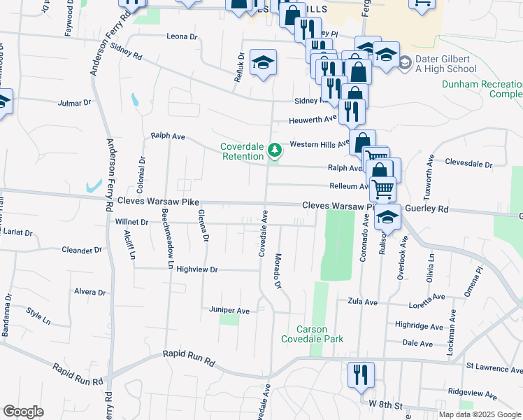 map of restaurants, bars, coffee shops, grocery stores, and more near 5101 Cleves Warsaw Pike in Cincinnati