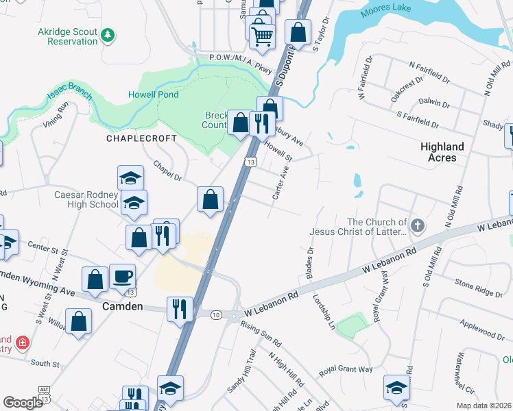 map of restaurants, bars, coffee shops, grocery stores, and more near 40 Shamrock Avenue in Dover