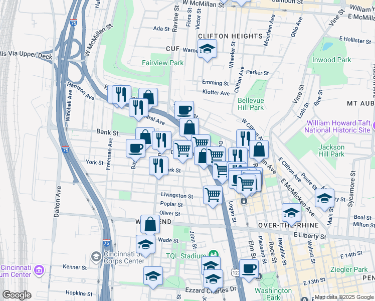map of restaurants, bars, coffee shops, grocery stores, and more near 428 Dayton Street in Cincinnati