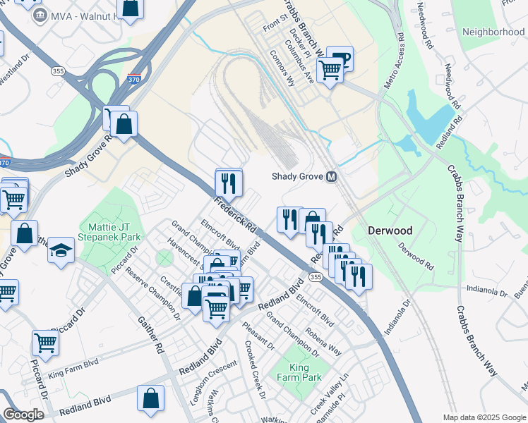 map of restaurants, bars, coffee shops, grocery stores, and more near 15955 Frederick Road in Rockville