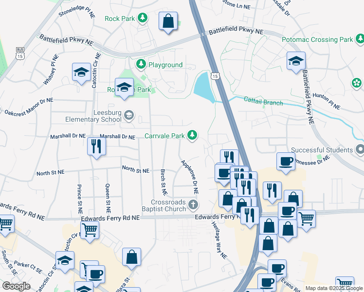 map of restaurants, bars, coffee shops, grocery stores, and more near 510 Appletree Drive Northeast in Leesburg