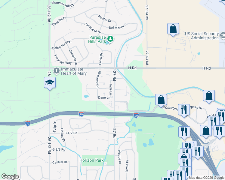 map of restaurants, bars, coffee shops, grocery stores, and more near 780 Jade Lane in Grand Junction