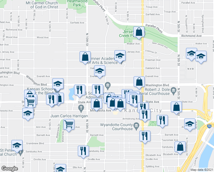 map of restaurants, bars, coffee shops, grocery stores, and more near 853 Washington Boulevard in Kansas City
