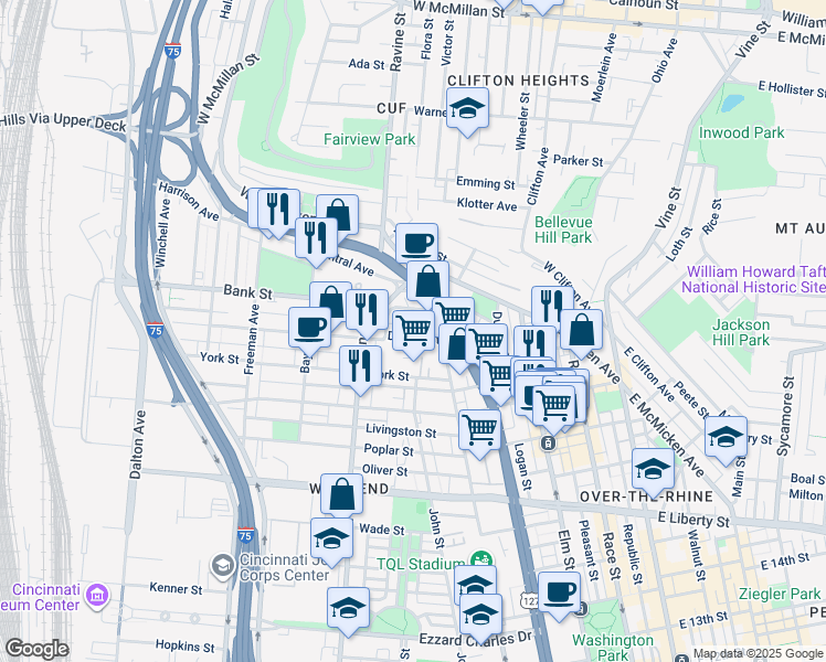 map of restaurants, bars, coffee shops, grocery stores, and more near 428 Dayton Street in Cincinnati