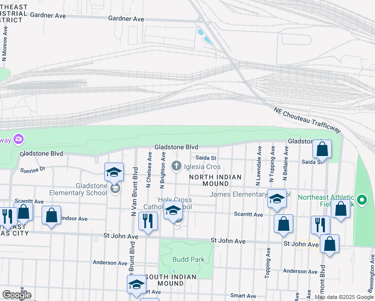 map of restaurants, bars, coffee shops, grocery stores, and more near 5115 Gladstone Boulevard in Kansas City