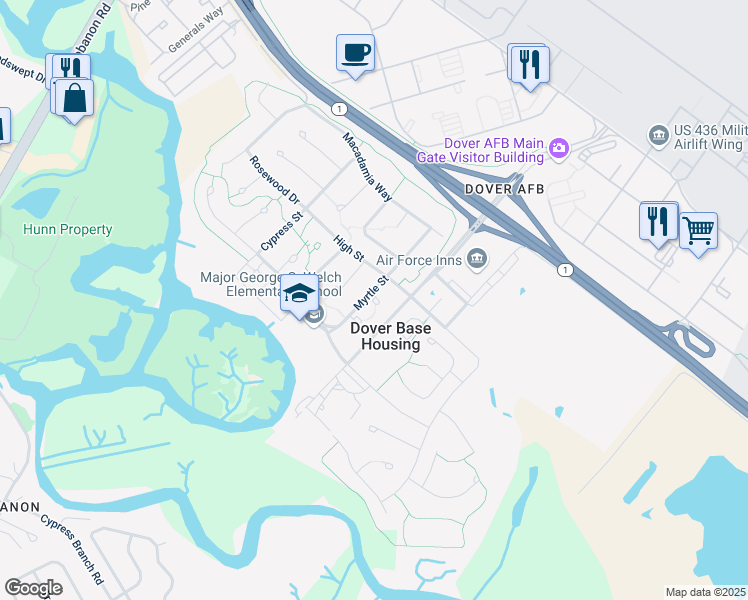 map of restaurants, bars, coffee shops, grocery stores, and more near 2052-2098 Wisteria Court in Dover