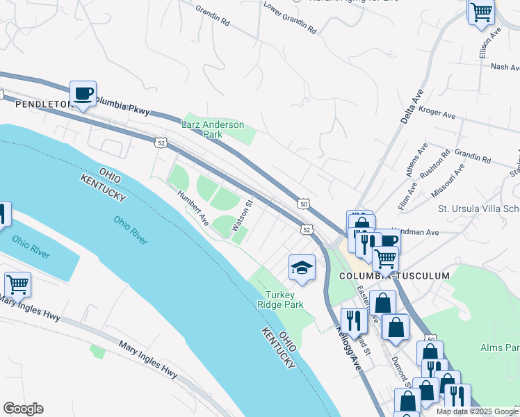 map of restaurants, bars, coffee shops, grocery stores, and more near 3231 Riverside Drive in Cincinnati