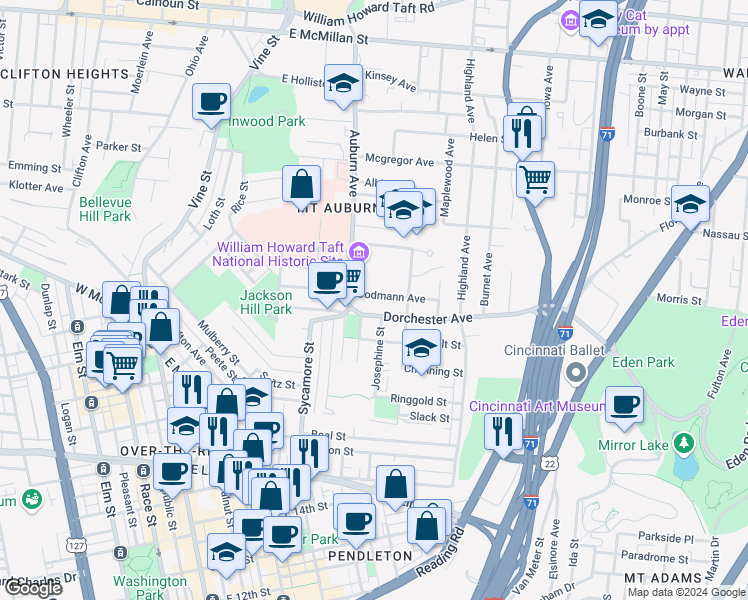 map of restaurants, bars, coffee shops, grocery stores, and more near 239 Bodmann Avenue in Cincinnati