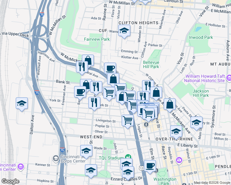map of restaurants, bars, coffee shops, grocery stores, and more near in Cincinnati
