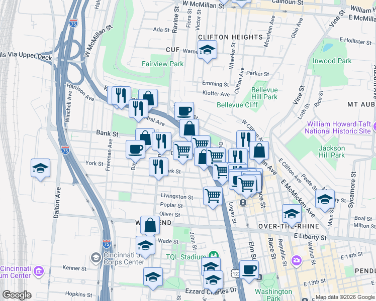 map of restaurants, bars, coffee shops, grocery stores, and more near 428 Dayton Street in Cincinnati