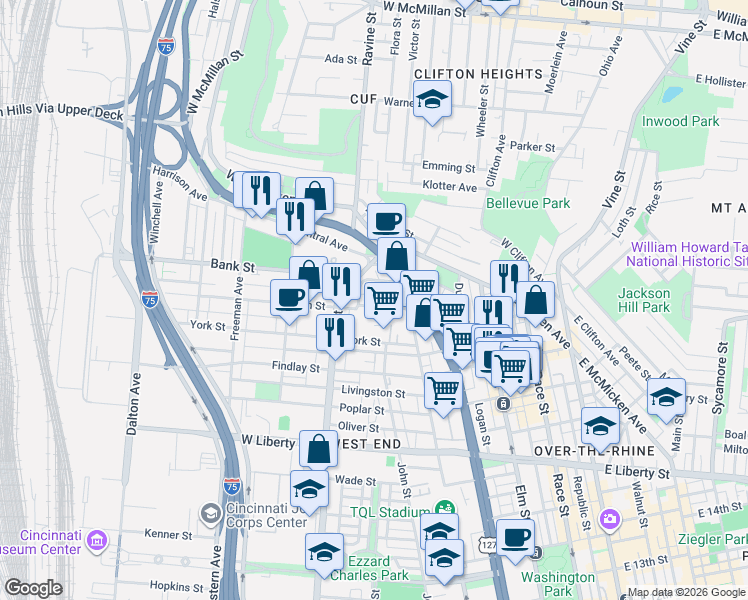 map of restaurants, bars, coffee shops, grocery stores, and more near 428 Dayton Street in Cincinnati