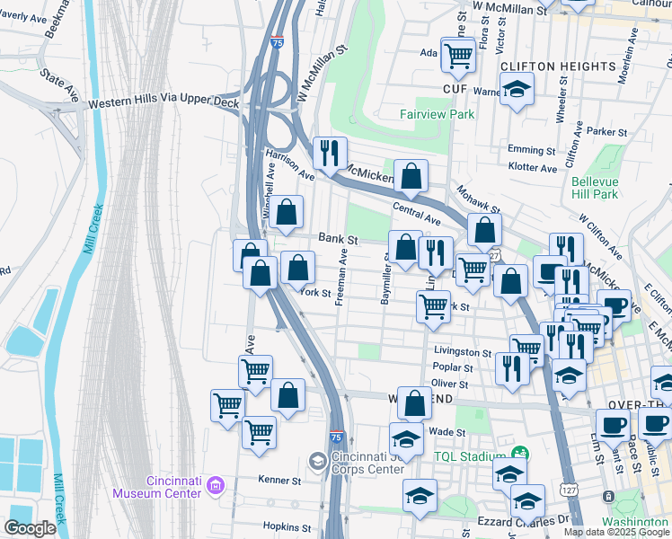 map of restaurants, bars, coffee shops, grocery stores, and more near 1928 Freeman Avenue in Cincinnati