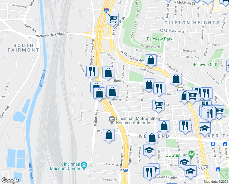 map of restaurants, bars, coffee shops, grocery stores, and more near 1029 Dayton Street in Cincinnati