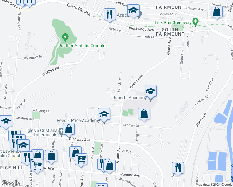 map of restaurants, bars, coffee shops, grocery stores, and more near 1739 Patrick Drive in Cincinnati