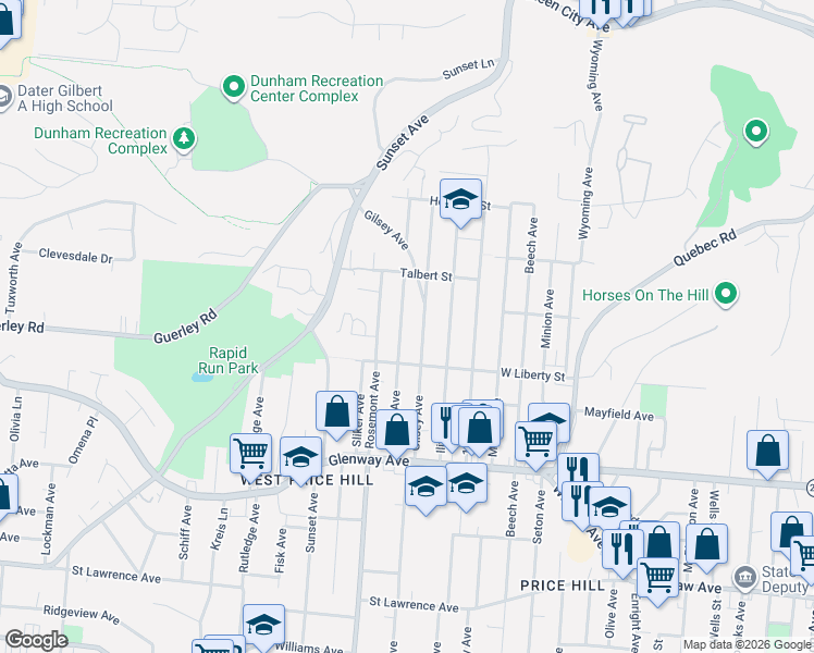 map of restaurants, bars, coffee shops, grocery stores, and more near 1633 Dewey Avenue in Cincinnati