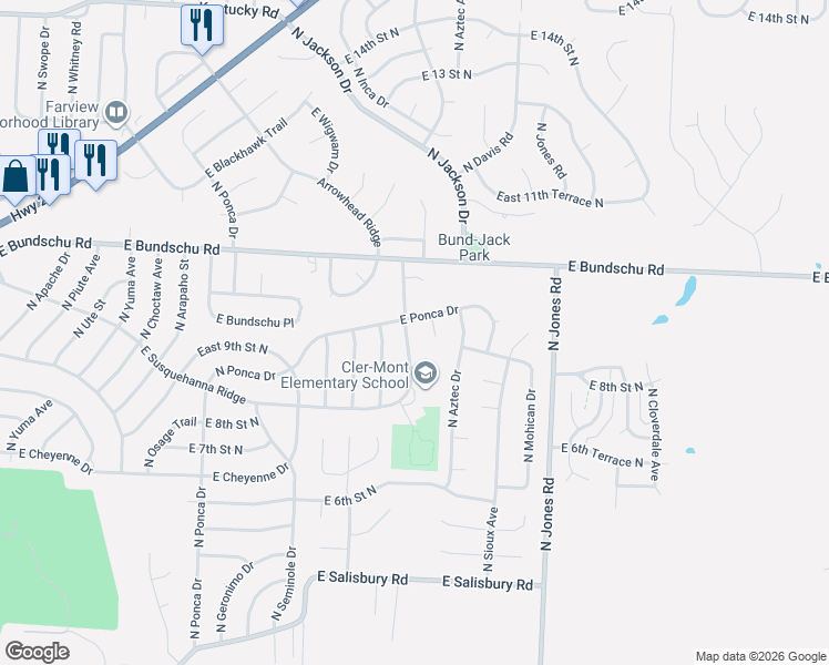 map of restaurants, bars, coffee shops, grocery stores, and more near 19025 East Ponca Court in Independence
