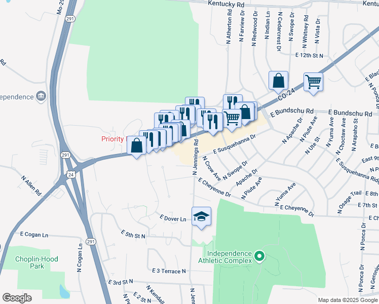 map of restaurants, bars, coffee shops, grocery stores, and more near 17013 U.S. 24 in Independence