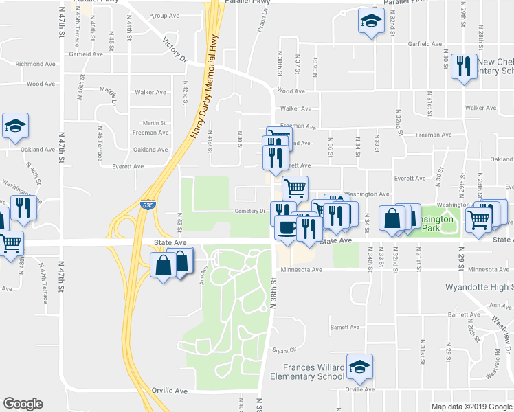 map of restaurants, bars, coffee shops, grocery stores, and more near 1201 North 39th Street in Kansas City