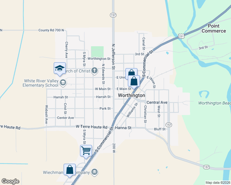 map of restaurants, bars, coffee shops, grocery stores, and more near 17 South Jefferson Street in Worthington