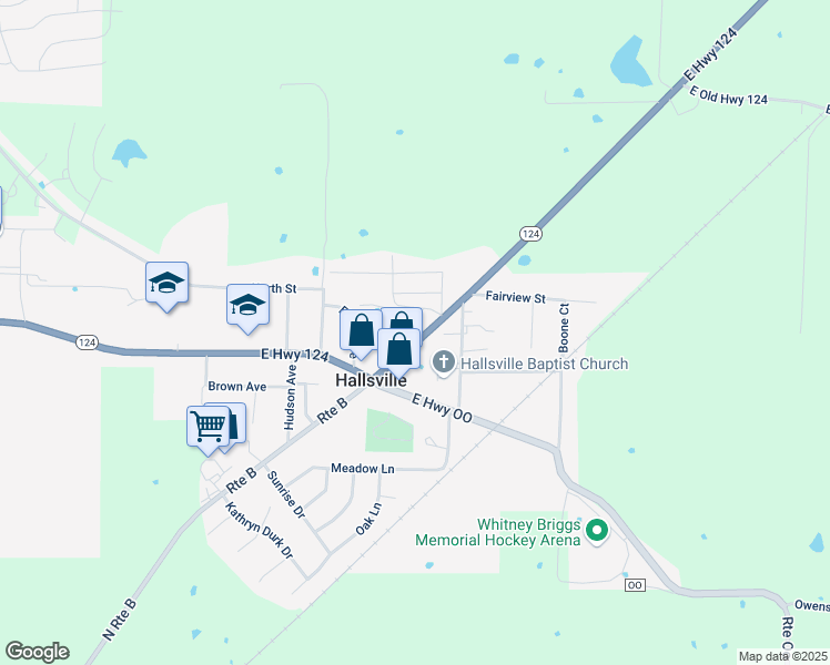 map of restaurants, bars, coffee shops, grocery stores, and more near 125 Missouri 124 in Hallsville
