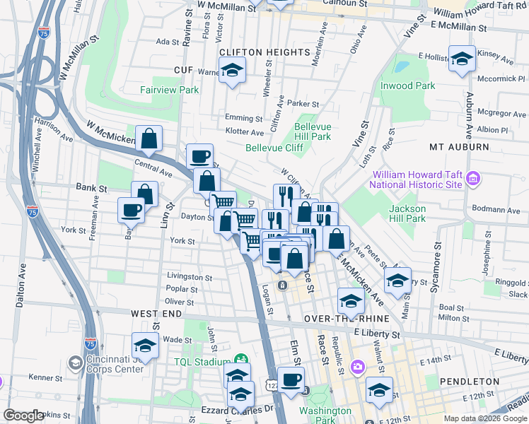 map of restaurants, bars, coffee shops, grocery stores, and more near 2022 Elm Street in Cincinnati