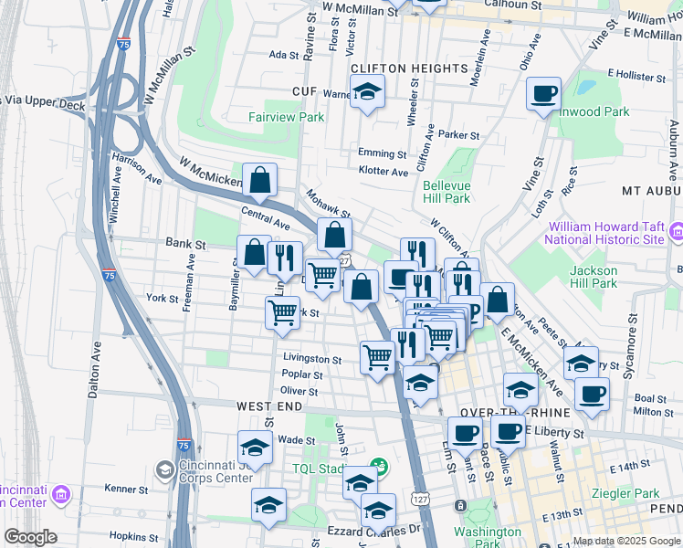 map of restaurants, bars, coffee shops, grocery stores, and more near in Cincinnati