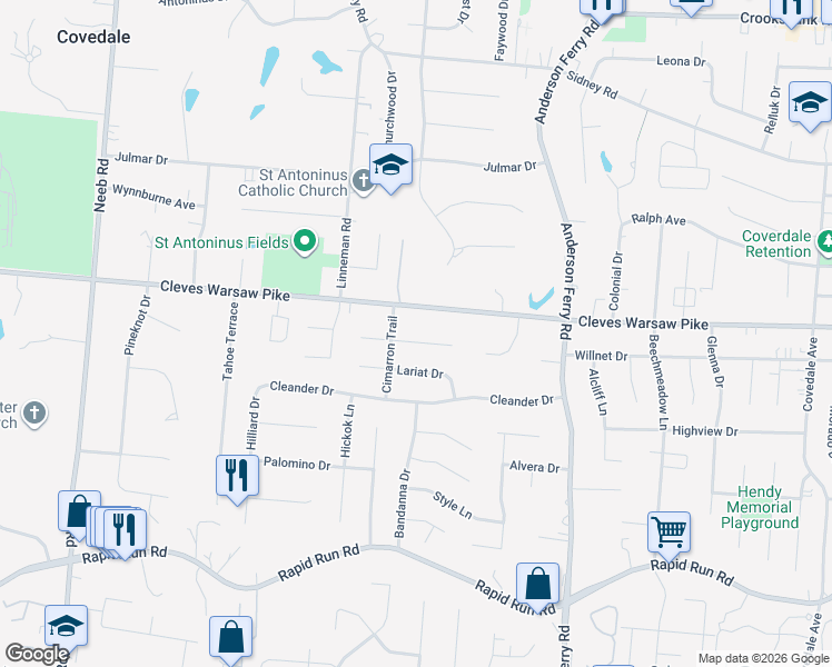map of restaurants, bars, coffee shops, grocery stores, and more near 5334 Rawhide Court in Cincinnati