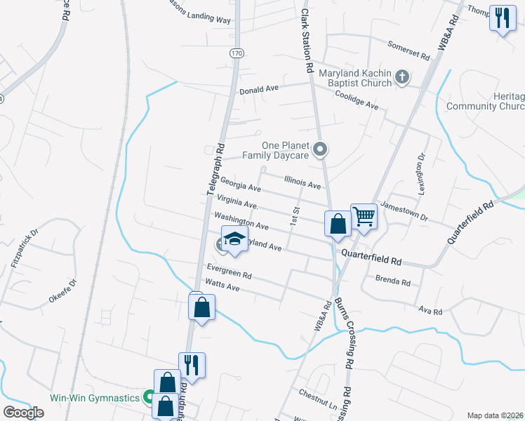map of restaurants, bars, coffee shops, grocery stores, and more near 1441 Virginia Avenue in Severn
