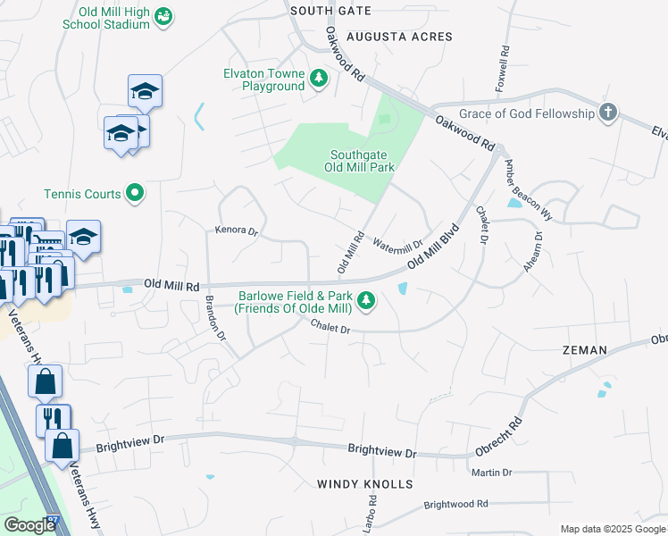 map of restaurants, bars, coffee shops, grocery stores, and more near 492 Old Mill Road in Millersville