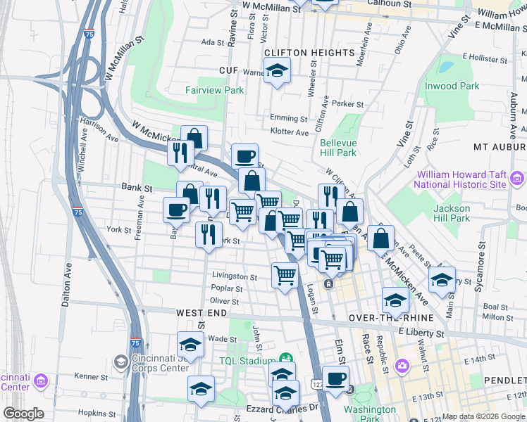 map of restaurants, bars, coffee shops, grocery stores, and more near in Cincinnati