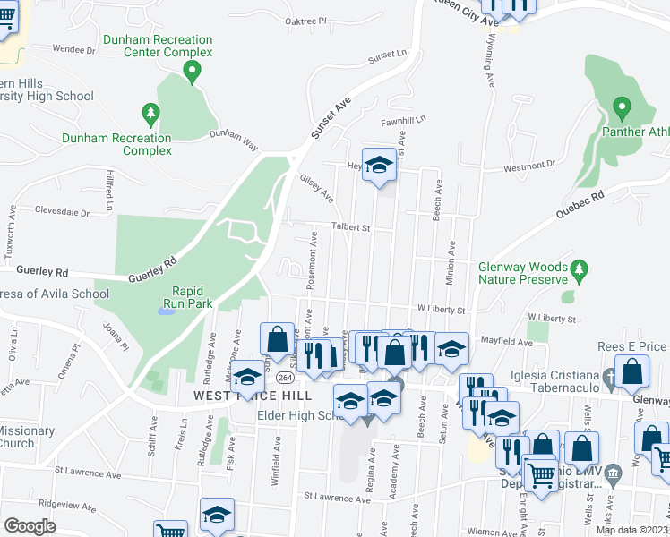 map of restaurants, bars, coffee shops, grocery stores, and more near 1633 Dewey Avenue in Cincinnati