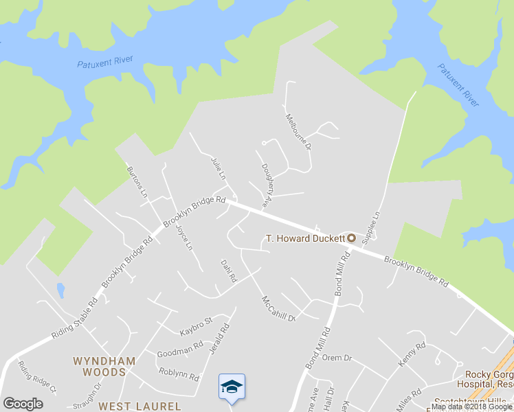 map of restaurants, bars, coffee shops, grocery stores, and more near 6504 Brooklyn Bridge Road in Laurel