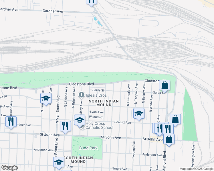 map of restaurants, bars, coffee shops, grocery stores, and more near 511 North Hardesty Avenue in Kansas City