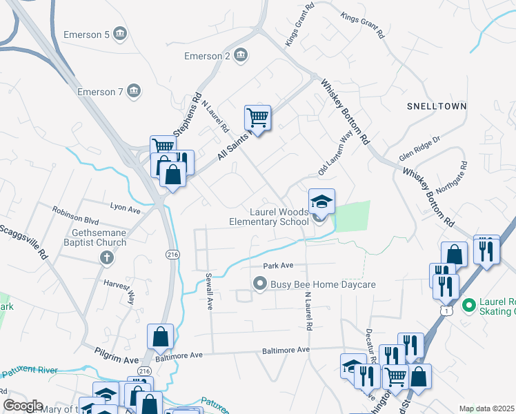 map of restaurants, bars, coffee shops, grocery stores, and more near 9160 Hitching Post Lane in Laurel