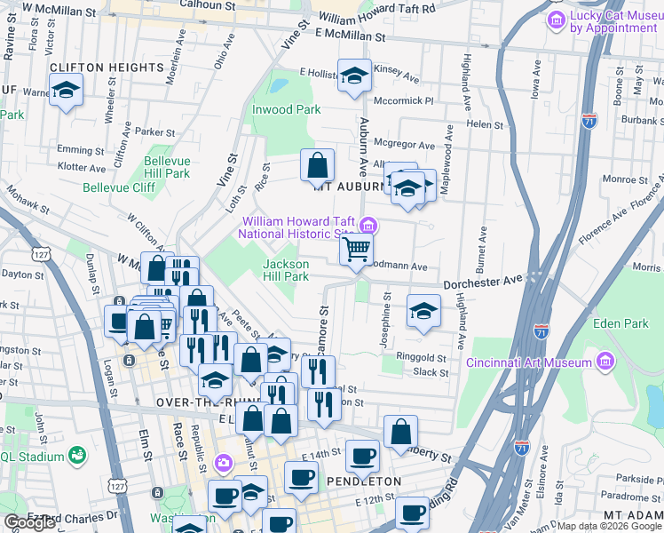 map of restaurants, bars, coffee shops, grocery stores, and more near 5 Estelle Street in Cincinnati