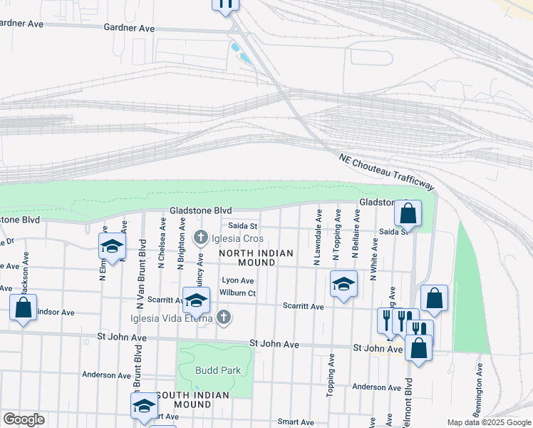 map of restaurants, bars, coffee shops, grocery stores, and more near 511 North Hardesty Avenue in Kansas City