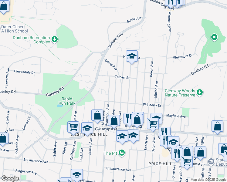 map of restaurants, bars, coffee shops, grocery stores, and more near 1633 Dewey Avenue in Cincinnati