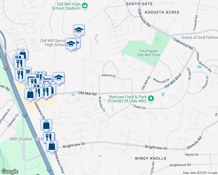 map of restaurants, bars, coffee shops, grocery stores, and more near 539 Pembrooke Court in Millersville