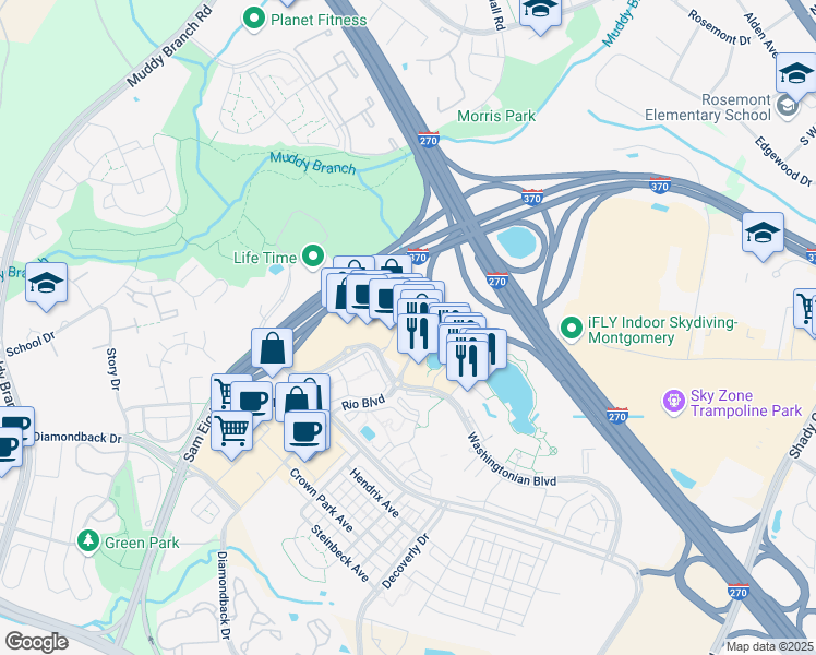 map of restaurants, bars, coffee shops, grocery stores, and more near 9811 Washington Boulevard in Gaithersburg