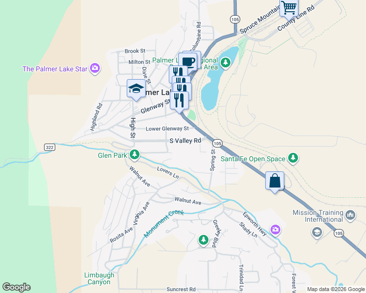 map of restaurants, bars, coffee shops, grocery stores, and more near 37 South Valley Road in Palmer Lake
