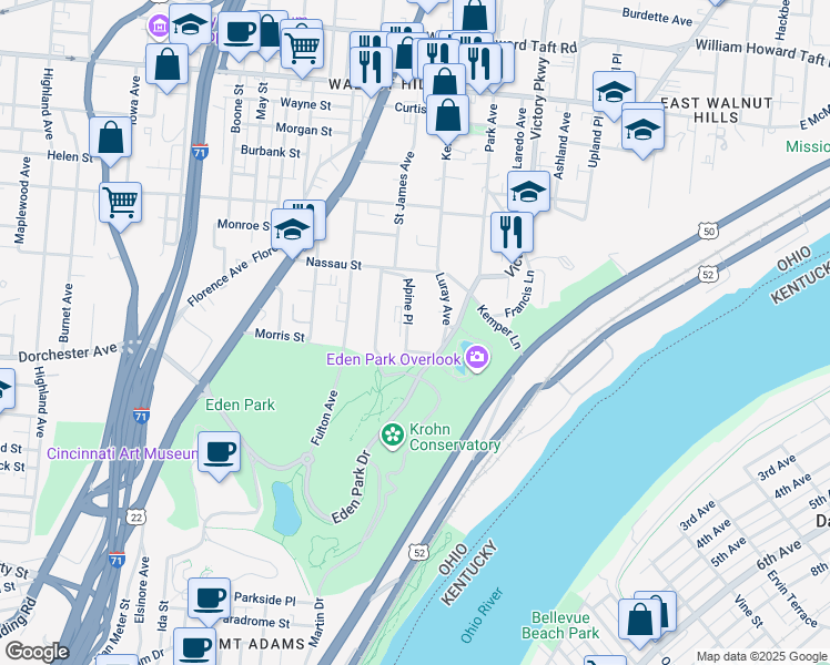 map of restaurants, bars, coffee shops, grocery stores, and more near 2108 Alpine Place in Cincinnati